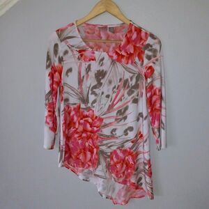 Chicos Floral Asymmetrical Blouse-Size 0 / US Small/4-Slinky-Scoop Neck-Coral